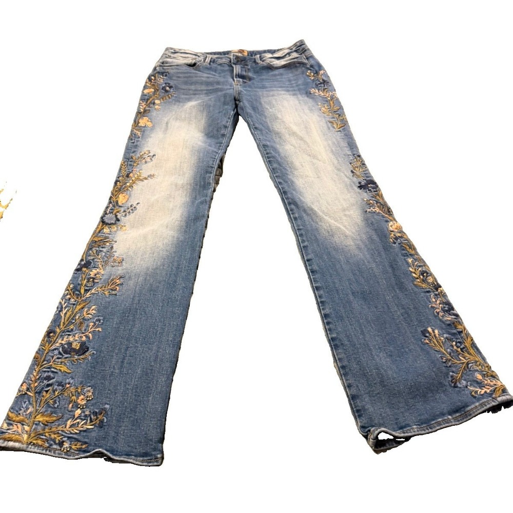 Driftwood Kelly Jeans Womens 30 Floral Embroidered Bootcut Blue Stretch Boho - Picture 3 of 13